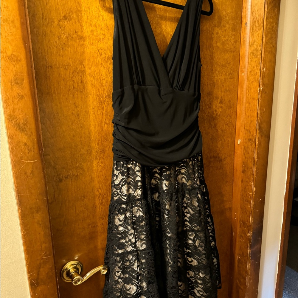 Black dress with solid top and lace skirt with tan undertones EUC Size 12